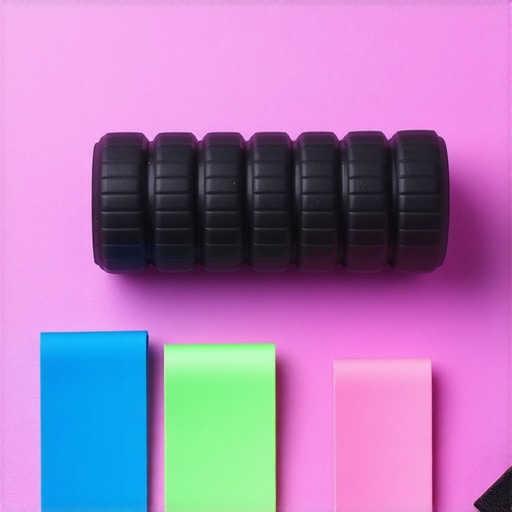 Foam roller and resistance bands used for spinal self-maintenance.