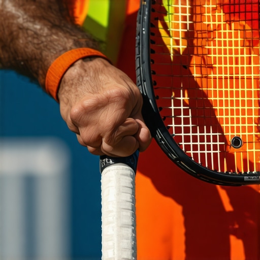 A tennis player demonstrating a light grip on the racket, focused on hand positioning to prevent elbow pain.