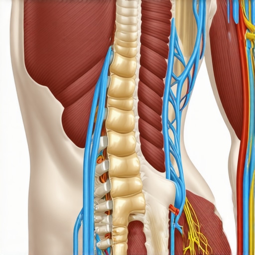 The Complex Anatomy of Back Pain An anatomical diagram illustrating muscles, ligaments, joints, and nerves in the lower back, emphasizing the complexity of back pain and treatment considerations.