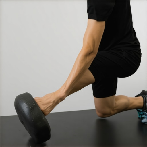 Person stretching ankle near wall and using foam roller on calf muscles.
