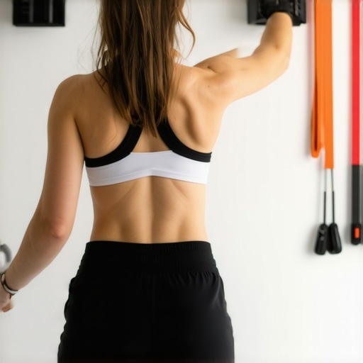 Back Self-Myofascial Release and Strength Training Tools Person releasing muscle tension with lacrosse ball in front of resistance bands during back care routine