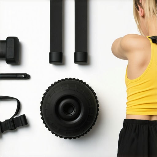 Individual using foam roller, resistance bands, and wearing a posture tracker for back health maintenance
