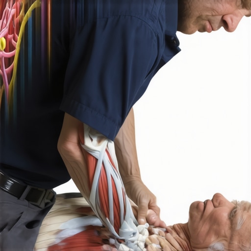 Chiropractic Adjustment Close-Up Close-up of a chiropractor adjusting a patient's spine with muscle and nerve pathways overlay