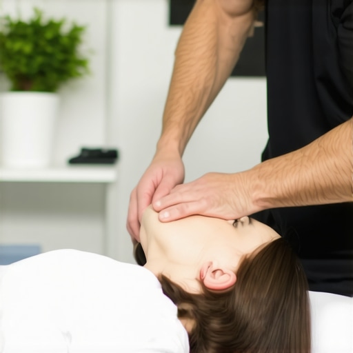 Chiropractor adjusting patient's spine in a clinical setting.