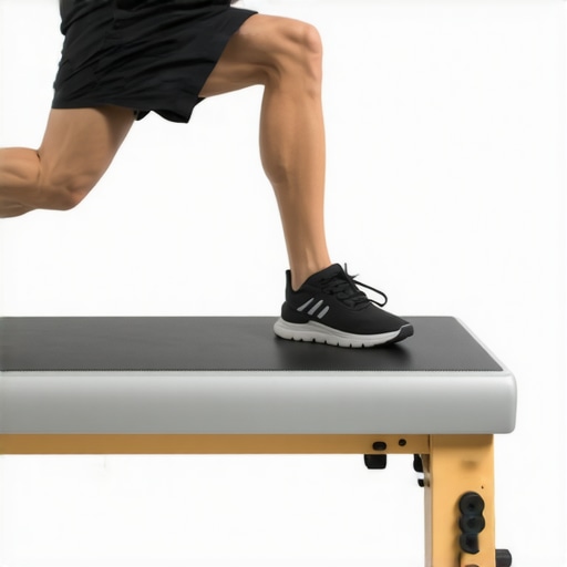 Person doing controlled calf raises on a staircase during exercise.