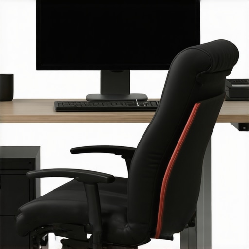 A well-designed ergonomic office setup showing correct monitor height and supportive chair
