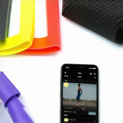 Essential Rehab Tools for Longevity Resistance bands, foam roller, and a smartphone with gait analysis app laid out on a therapy table.