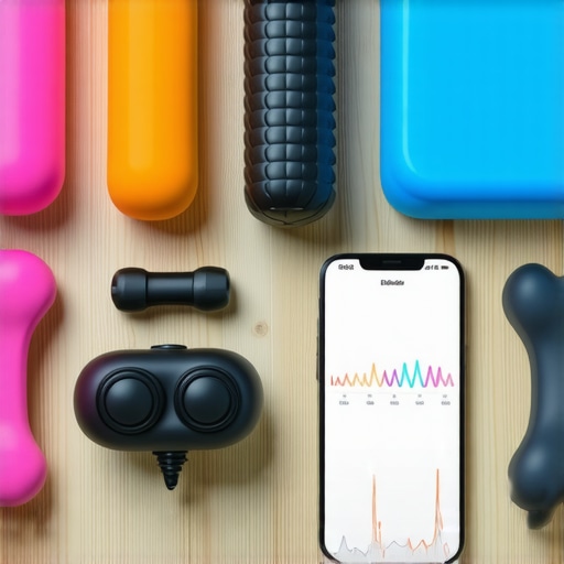 Various back health and mobility tools, such as foam rollers, biofeedback devices, and mobile apps, displayed on a wooden table.