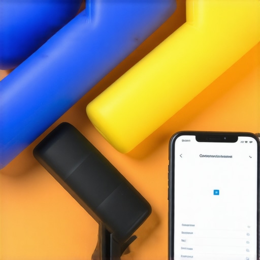 Essential tools for back health maintenance A set of resistance bands, a foam roller, and a smartphone displaying a posture analysis app.