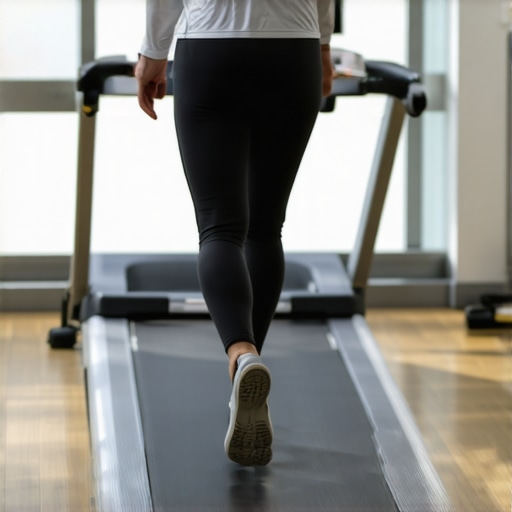 Person adjusting walking posture on treadmill to improve gait and protect hips