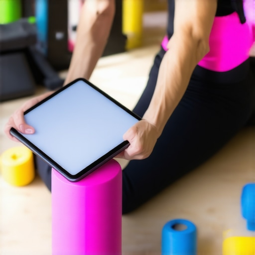 A person performing back exercises using foam roller, resistance bands, and a posture app for health