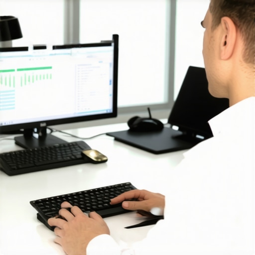 Individual seated at desk wearing a posture correction device to improve spinal alignment