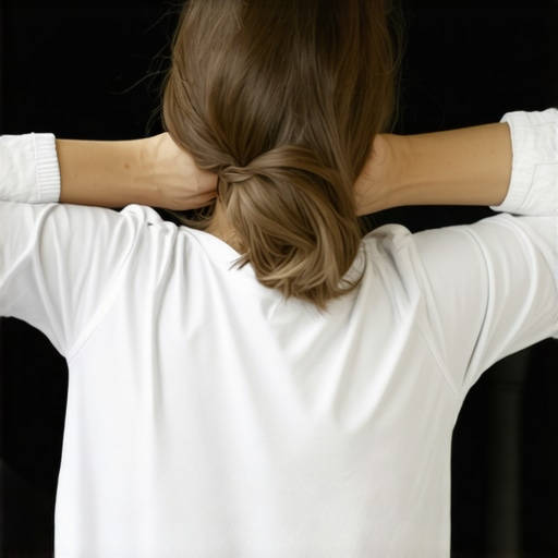 Person stretching neck muscles and using a massage ball in a car seat.