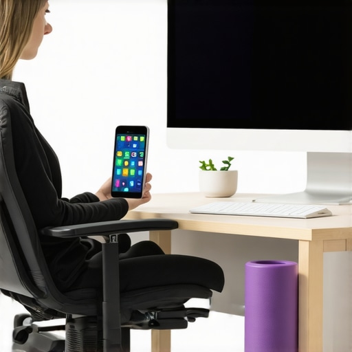 Optimized Ergonomic Workspace for Neck Health A well-designed ergonomic workspace with supportive chair, monitor at eye level, and foam rollers for neck exercises