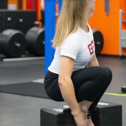 Person performing controlled box squat with correct form in gym setting.