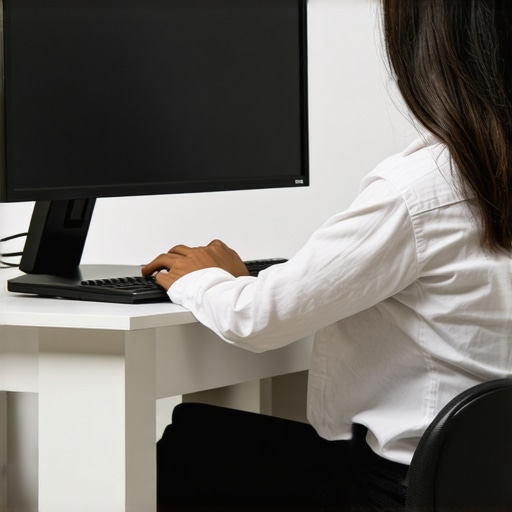 Person fine-tuning their ergonomic workspace with monitor at eye level and good posture