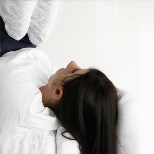Person sleeping on side with pillows supporting knees and neck to relieve herniated disc pain.