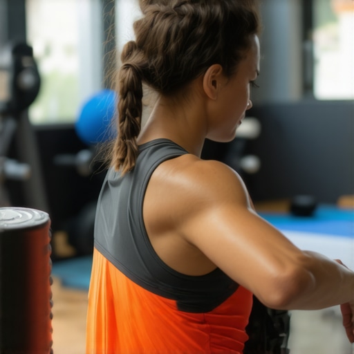 Individual performing foam rolling and trigger point massage techniques on back muscles with foam roller and lacrosse ball.