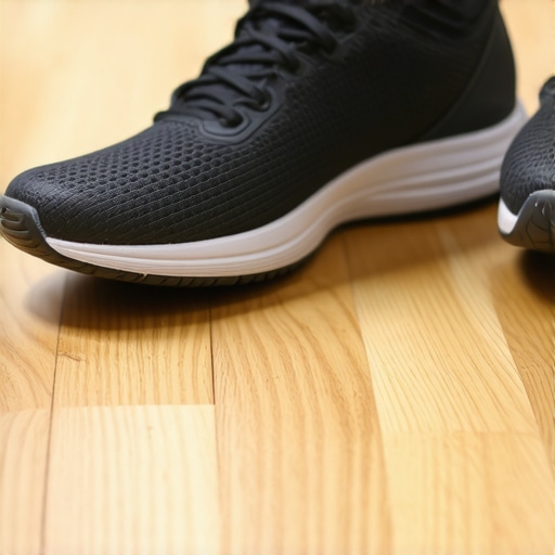 Close-up of supportive athletic shoes showing arch support and cushioning designed for back health.