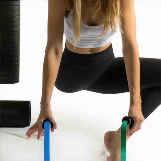 Equipment for maintaining spinal health with resistance bands, foam roller, and posture wearable.