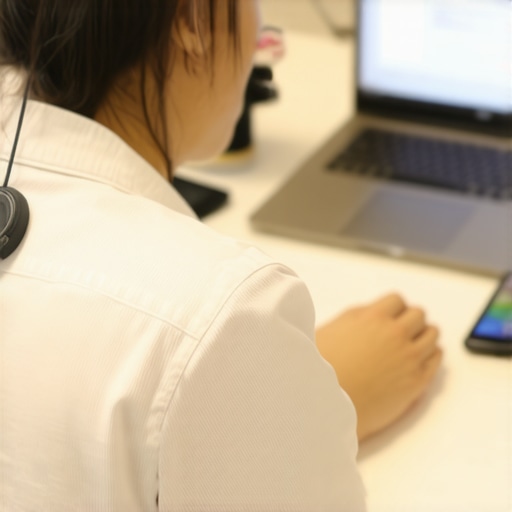 Using posture sensors for back health Individual using a posture sensor at workspace to improve spinal alignment.