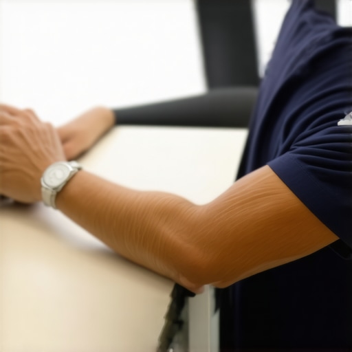 Person demonstrating wrist nerve glide exercise at desk to relieve wrist pain