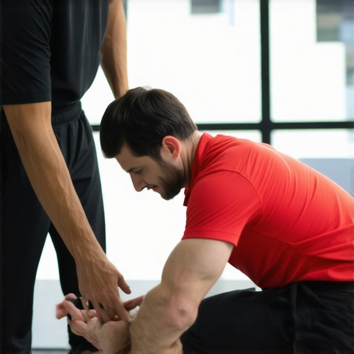 A physical therapist guiding a patient through active spinal stabilization exercises in a clinic.