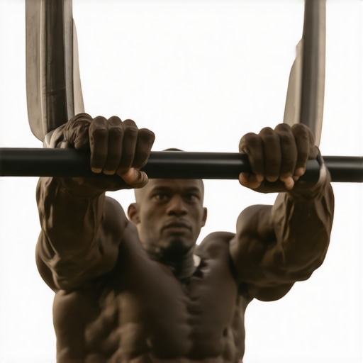 Close-up of athlete using thick grips to engage forearm muscles during a workout.