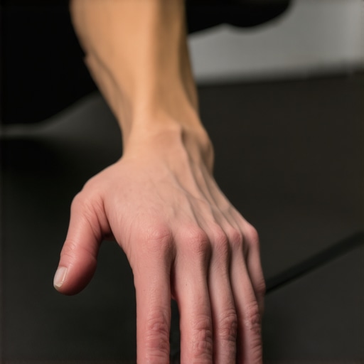A demonstration of the claw grip hand position on a mat to prevent wrist pain during exercise.