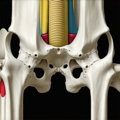 Anatomical Map of IT Band and Hip Tension Medical illustration showing the connection between the TFL muscle, pelvis, and the IT band for sports rehab.