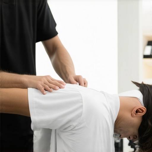 Chiropractic adjustment for athletic recovery Close-up of a chiropractor performing a spinal adjustment on an athlete to speed up injury recovery.