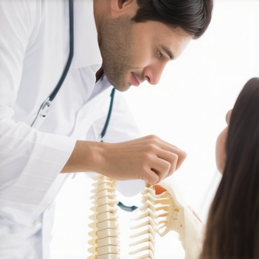 Chiropractor explaining neurological muscle guarding A chiropractor showing a parent how the brain protects the spine using a spinal model.