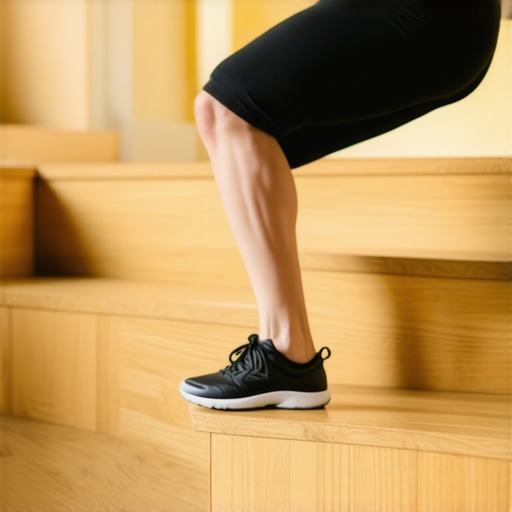 Controlled Step Down Exercise for Knee Health A person performing a slow eccentric step-down exercise to rehabilitate knee pain on stairs.