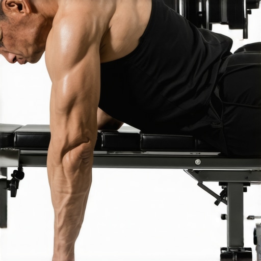 Correct Core Bracing and Rib Position for Bench Press Close-up of a lifter showing a neutral spine and tucked rib cage on a weight bench to prevent back pain.