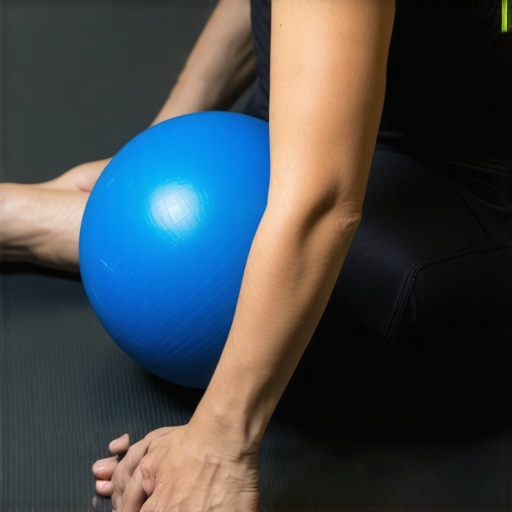 Person demonstrating the offset hip release technique using a massage ball to relieve IT band tension.