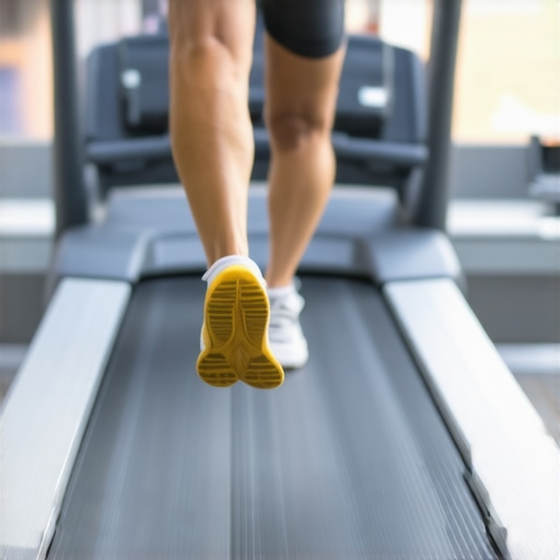 Runner demonstrating proper mid-foot strike on a treadmill with a slight incline to prevent shin pain