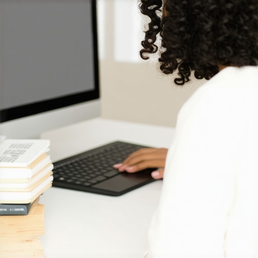 A demonstration of an ergonomic home office setup with a laptop on books to align with eye level.