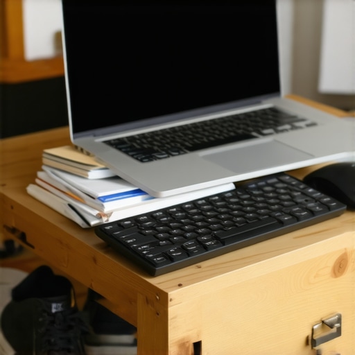 A laptop elevated on books with external keyboard and mouse to improve neck posture.