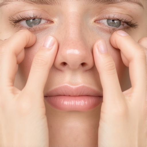 Hands applying pressure to cheekbones for sinus drainage technique