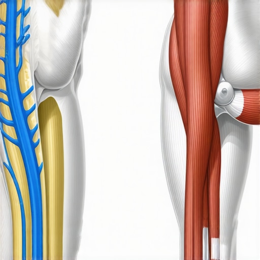 Anatomy of the lower back and legs showing the sciatic nerve and hamstring muscles.