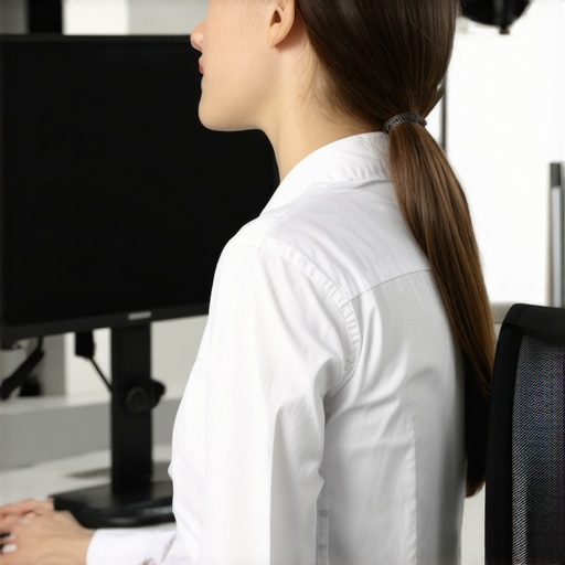 Effective ergonomic posture reset at a desk Desk worker performing a 10-second posture reset to relieve spinal tension