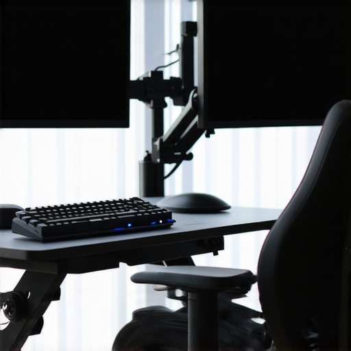 A high-end ergonomic workspace with monitor arms and a split keyboard to prevent neck pain.