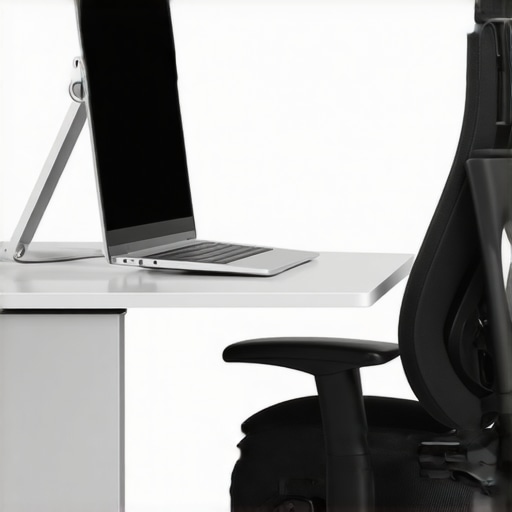 A laptop elevated on a stand with a split keyboard to prevent upper back pain.