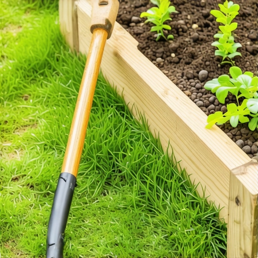 Ergonomic Long Handled Gardening Tools for Back Protection An ergonomic stand-up weeder tool lying on a lawn next to a raised garden bed.