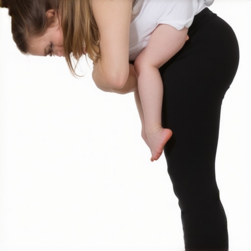 Ergonomic Toddler Lifting Technique Parent using a proper hip hinge to lift a toddler safely to prevent back pain.