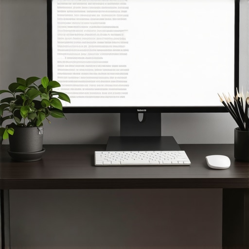 Ergonomic Workspace Setup for Eye and Neck Relief Minimalist home office desk with scaled screen text and balanced ambient lighting to reduce neck strain