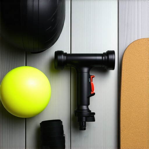 Collection of sports rehab tools including a lacrosse ball and massage gun on a gym floor.