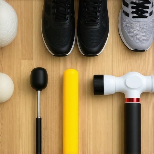 A collection of recovery tools like a lacrosse ball and massage gun for athletic maintenance.