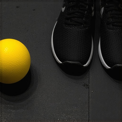 Essential Mobility Tools for Spine Maintenance A lacrosse ball and minimalist shoes on a gym floor for chiropractic maintenance.