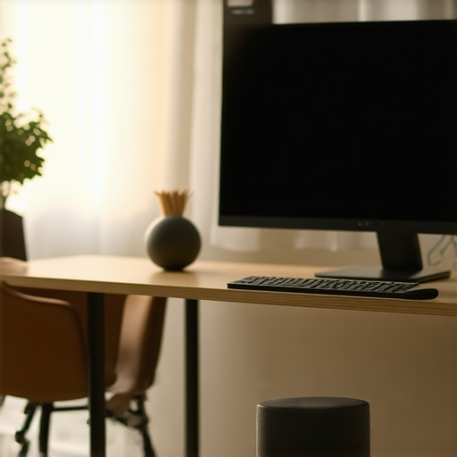 An ergonomic office setup featuring a monitor riser, lacrosse ball, and yoga block for back health.